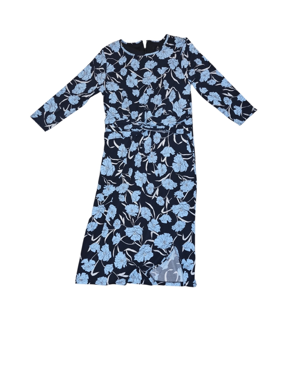 Jason Wu Navy Floral Tie-Waist Chiffon Midi Dress with Light Blue Print